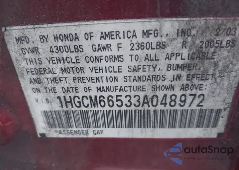 2003 Honda Accord 3.0 Ex из США, поврежденный, VIN 1HGCM66533A048972